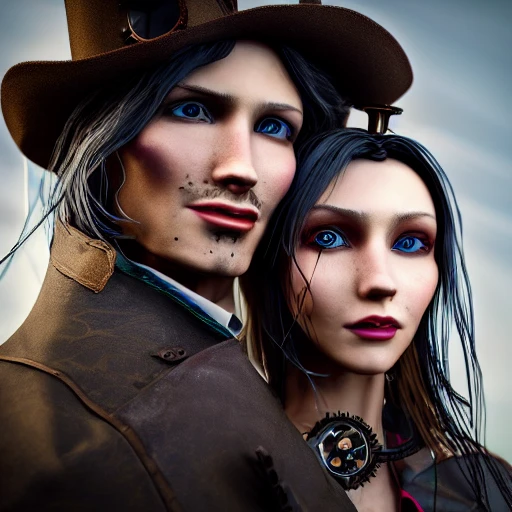 side close up portrait of 1 couple, steampunk, windblown long hair, detailed face, spotlight, steampunk city, multicolored, hyperrealistic, photografic, 8k, epic ambient light, octane render