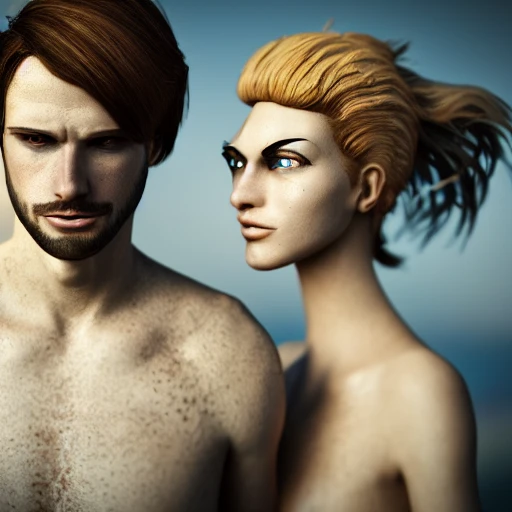 side close up portrait of woman and man, steampunk, windblown long hair, naked upperbody, detailed face, spotlight, steampunk city, multicolored, hyperrealistic, photografic, 8k, epic ambient light, half body shot  octane render