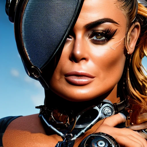 side close up portrait of carmen electra next to an athletic man man, steampunk, naked upperbody, detailed face, spotlight, steampunk city, multicolored, hyperrealistic, photografic, 8k, epic ambient light, half body shot  octane render