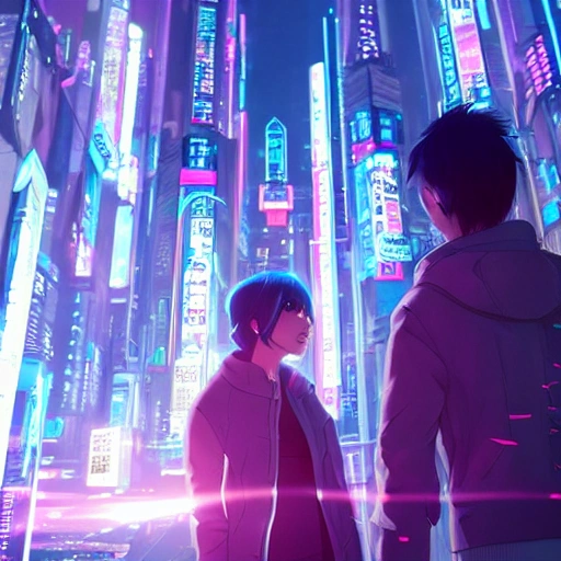 a beautiful highly detailed futuristic neon, hyper-realistic (Couple, looking into each others eyes, half shot:1.4) by makoto shinkai and Ross Tran, rossdraws, cyberpunk, 70mm photo, featured on artstation, 4k, octane render, (centered composition:1.2), 4k, 8k, octane render, aesthetic, artstationhq