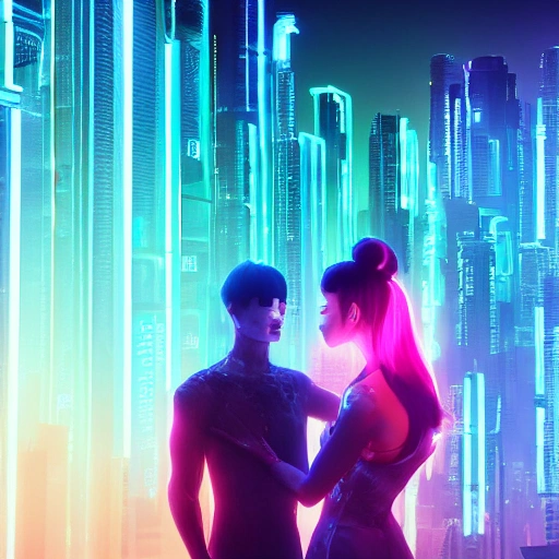 a beautiful highly detailed futuristic neon, hyper-realistic (Couple, looking into each others eyes, half shot:1.4), rossdraws, cyberpunk, 70mm photo, featured on artstation, 4k, octane render, (centered composition:1.2), 4k, 8k, octane render, aesthetic, artstationhq