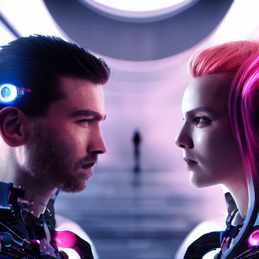 a beautiful highly detailed futuristic, hyper-realistic (Couple, looking into each others eyes, half shot:1.4), cyberpunk, 70mm photo, octane render, (centered composition:1.2), 8k, aesthetic,