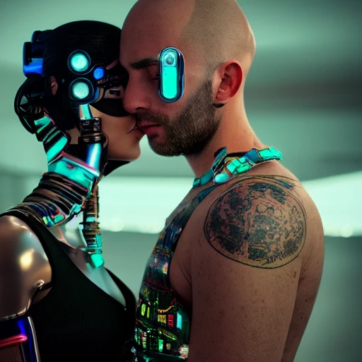 a beautiful highly detailed futuristic, hyper-realistic (Couple, looking into each others eyes, half shot:1.4), man shaved head, 
cyberpunk, 70mm photo, octane render, (centered composition:1.2), 8k, aesthetic,