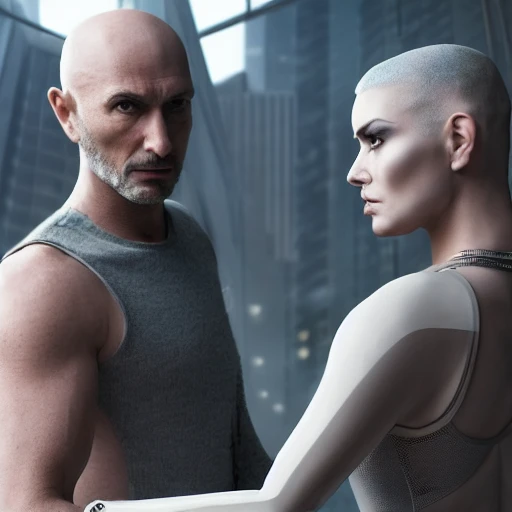 a beautiful highly detailed futuristic, hyper-realistic (Couple, looking into each others eyes, half shot:1.4), man shaved head, man no beard, man athletic, woman carmen electra, woman long ash grey hair,
cyberpunk, 70mm photo, octane render, (centered composition:1.2), 8k, aesthetic,