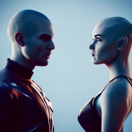 a beautiful highly detailed futuristic, hyper-realistic (Couple, looking into each others eyes, half shot:1.4), man shaved head, man no beard, man athletic, woman carmen electra, woman ash grey hair, woman long hair, woman 1950s pin-up style lady
cyberpunk, 70mm photo, octane render, (centered composition:1.2), 8k, aesthetic,