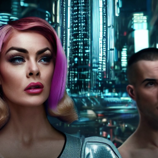 a beautiful highly detailed futuristic, hyper-realistic (Couple, looking into each others eyes, half shot:1.4), man shaved head, man no beard, man athletic, woman: carmen electra, woman long hair, woman: 1950s pin-up style lady
cyberpunk, 70mm photo, octane render, (centered composition:1.2), 8k, aesthetic,