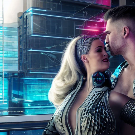 a beautiful highly detailed futuristic, hyper-realistic (Couple, looking into each others eyes, half shot:1.4), man shaved head, man no beard, man athletic, woman: carmen electra, woman long hair, woman: 1950s pin-up style lady
cyberpunk, 70mm photo, octane render, (centered composition:1.2), 8k, aesthetic,