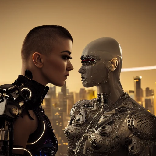 a beautiful highly detailed futuristic, hyper-realistic (Couple, looking into each others eyes, half shot:1.4), man shaved head, man no beard, man athletic, woman: carmen electra, woman long hair, woman wearing kebaya,
cyberpunk, 70mm photo, octane render, (centered composition:1.2), 8k, aesthetic,