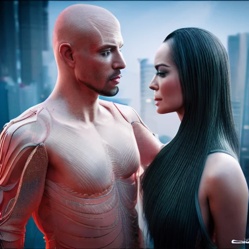 a beautiful highly detailed futuristic, hyper-realistic (Couple, male and female, looking into each others eyes, half shot:1.4), male with shaved head, male with no beard, male athletic upperbody, female: carmen electra, female: long hair, female: wearing kebaya, cyberpunk, 70mm photo, octane render, (centered composition:1.2), 8k, aesthetic