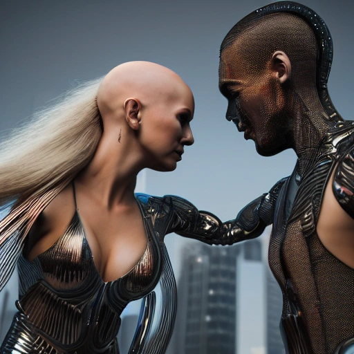 a beautiful highly detailed futuristic, hyper-realistic (Couple, male and female, looking into each others eyes, half shot:1.4), male with shaved head, male with no beard, male muscular upperbody, female: carmen electra, female: long hair, female: wearing kebaya, cyberpunk, 70mm photo, octane render, (centered composition:1.2), 8k, aesthetic