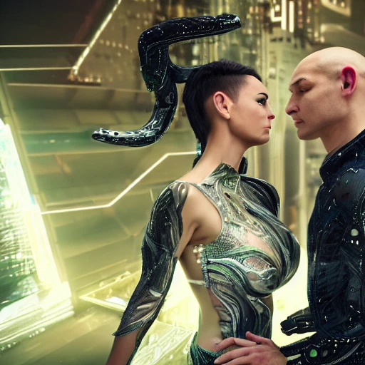 a beautiful highly detailed futuristic, hyper-realistic (Couple, male and female, looking into each others eyes, half shot:1.4), male with shaved head, male with no beard, male athletic upperbody, female: carmen electra, female: long hair, female: wearing kebaya, cyberpunk, 70mm photo, octane render, (centered composition:1.2), 8k, aesthetic, orientation 9:16