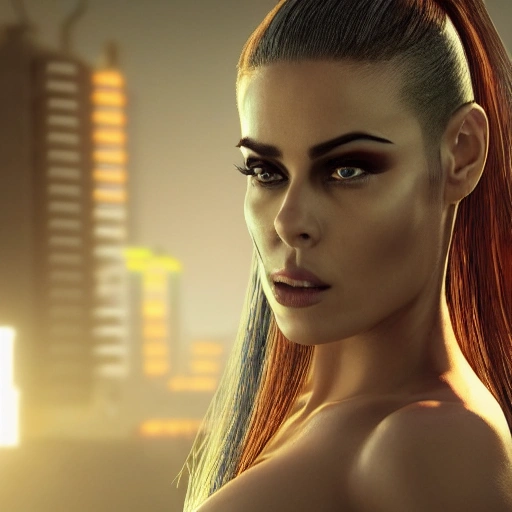 a beautiful highly detailed futuristic, hyper-realistic (Couple, male and female, looking into each others eyes, half shot:1.4), male with shaved head, male with no beard, male athletic upperbody, female: carmen electra, female: long hair, female: wearing kebaya, cyberpunk, 70mm photo, octane render, (centered composition:1.2), 8k, aesthetic, width:720, height:1280