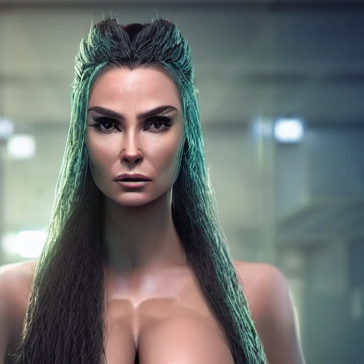 a beautiful highly detailed futuristic, hyper-realistic (Couple, male and female, looking into each others eyes, half shot:1.4), male with shaved head, male with no beard, male athletic upperbody, female: carmen electra, female: long hair, female: wearing kebaya, cyberpunk, 70mm photo, octane render, (centered composition:1.2), 8k, aesthetic, (width:720, height:1280)