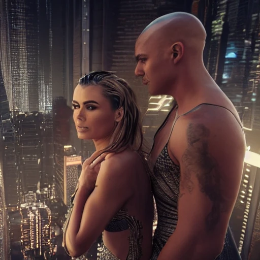 a beautiful highly detailed futuristic, hyper-realistic (Couple, male and female, looking into each others eyes, half shot:1.4), male with shaved head, male with no beard, male athletic upperbody, female: carmen electra, female: long hair, female: wearing kebaya, cyberpunk, photo, octane render, (centered composition:1.2), 8k, aesthetic, (width:720, height:1280)