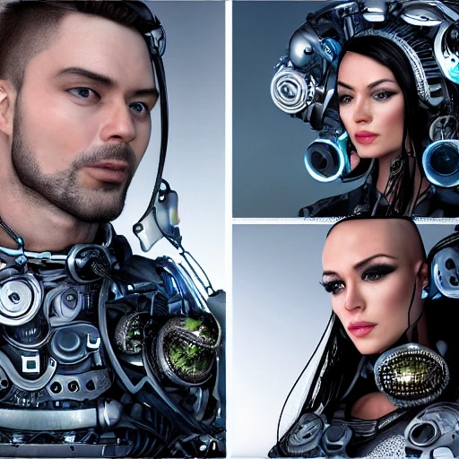 a beautiful highly detailed futuristic, hyper-realistic,side close up portrait of Couple, COUPLE = (male and female), FEMALE looking into MALE eyes, half shot:9:16), male with shaved head, male with no beard, male athletic upperbody, female: carmen electra, female: long hair, female: wearing kebaya, cyberpunk, photo, steampunk, windblown long hair, detailed face, spotlight, steampunk city, multicolored, hyperrealistic, photografic, 8k, epic ambient light, (centered composition:1.2), 8k, aesthetic, (width:720, height:1280)