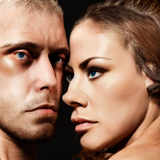 a beautiful highly detailed futuristic, hyper-realistic,side close up portrait of couple, couple = (male and female), female looking into male eyes, half shot, 9:16 orientation photo, male with shaved head, male with no beard, male athletic upperbody, female = carmen electra, female = long hair, female = wearing kebaya, cyberpunk, photo, steampunk, windblown long hair, detailed face, spotlight, steampunk city, multicolored, hyperrealistic, photografic, epic ambient light, (centered composition:1.2), 8k, aesthetic, 