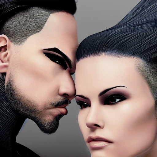 a beautiful highly detailed futuristic, hyper-realistic,side close up portrait of couple, couple = (male and female), female looking into male eyes, half shot, 9:16 orientation photo, male with shaved head, male with no beard, male athletic upperbody, female = carmen electra, female = long hair, female = wearing kebaya, cyberpunk, photo, steampunk, windblown long hair, detailed face, spotlight, steampunk city, multicolored, hyperrealistic, photografic, epic ambient light, (centered composition:1.2), 8k, aesthetic, 