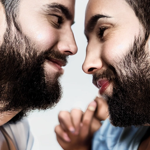 a beautiful highly detailed futuristic, hyper-realistic, side close up portrait of couple, couple = (male and female), couple facing each other, male with closed shaved beard,