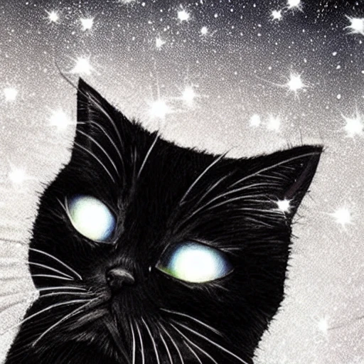 cat, beautiful cat eyes, moon, witchy, magical, stars, sky, northern lights, glittery
