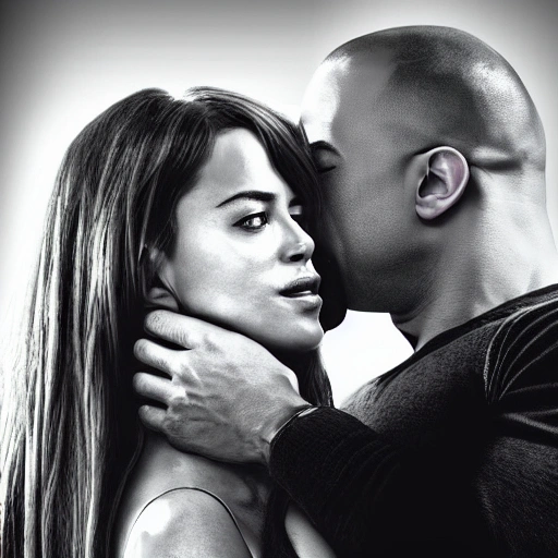 fifty shades of grey novel cover with vin diesel and carmen electra, they are in love, by Jamie Dornan art, steamy, concept art, smooth, sharp focus, black and white, cyberpunk