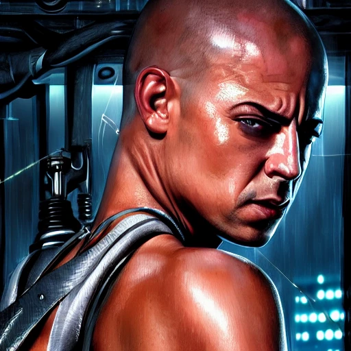 vin diesel and carmen electra, concept art, cyberpunk illustration, intricate, highly detailed 8 k, smooth, matte, sharp focus, rim light, beautiful and aesthetic shape of face and body, artgerm, artstation, art by gharliera and rinotuna and junpei
