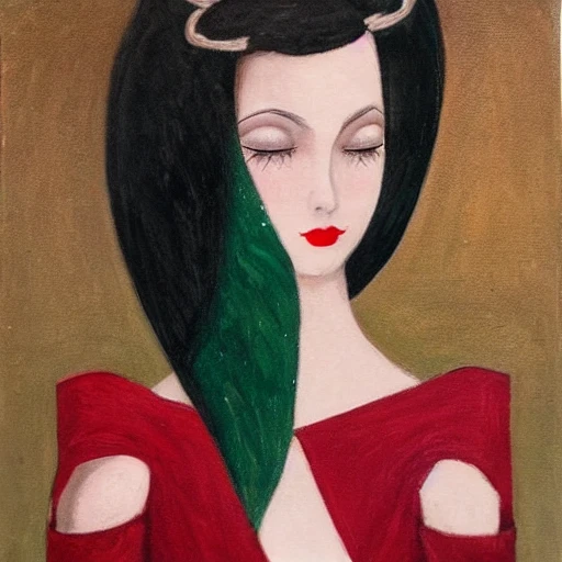 beauty of the night, long black flocks flowing on the shoulders and chest, white silky skin, dark brown eyes, powerful red lips, thin nostrils, elf ears, emerald tiara, emerald collier, emerald velvet sleevless dress, Oil Painting