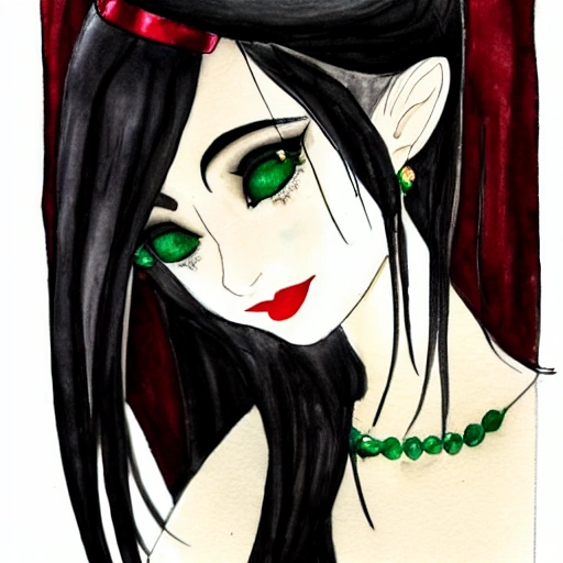 beauty of the night, long black flocks flowing on the shoulders and chest, white silky skin, dark brown eyes, powerful red lips, thin nostrils, elf ears, emerald tiara, emerald collier, emerald velvet sleevless dress, , Water Color