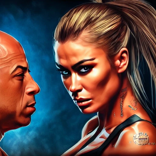 carmen electra choking vin diesel, face to face, concept art, cyberpunk illustration, intricate, highly detailed 8 k, smooth, matte, sharp focus, rim light, cyberpunk, beautiful and aesthetic shape of face and body, artgerm, artstation, art by Deschambault, Martin
