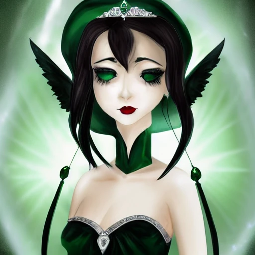 beauty of the night, long black flocks flowing on the shoulders and chest, white silky skin, dark brown eyes, powerful red lips, thin nostrils, elf ears, emerald tiara, emerald collier, emerald velvet sleevless dress, , Water Color, 3D