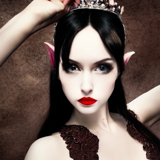 beauty of the night, long black flocks flowing on the shoulders and chest, white silky skin, dark brown eyes, powerful red lips, thin nostrils, elf ears, emerald tiara, emerald collier, emerald velvet sleevless dress, 3D