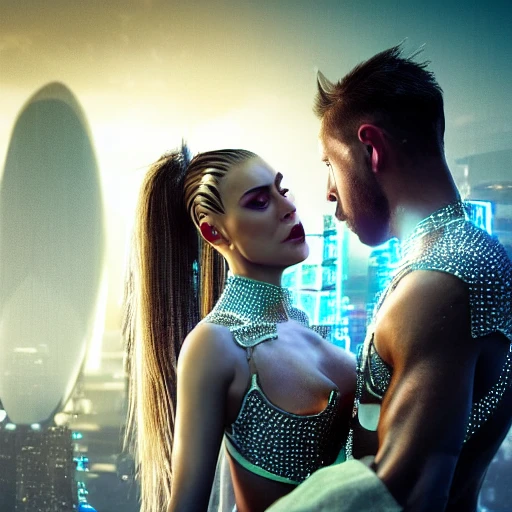 a beautiful highly detailed futuristic, hyper-realistic (Couple, male and female, looking into each others eyes, half shot:1.4), male with shaved head, male with no beard, male athletic upperbody, female: carmen electra, female: long hair, female: wearing kebaya, cyberpunk, 70mm photo, octane render, (centered composition:1.2), 8k, aesthetic