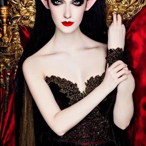 beauty of the night, long black flocks flowing on the shoulders and chest, white silky skin, dark brown eyes, powerful red lips, thin nostrils, elf ears, emerald tiara, emerald collier, emerald velvet sleevless dress, 3D