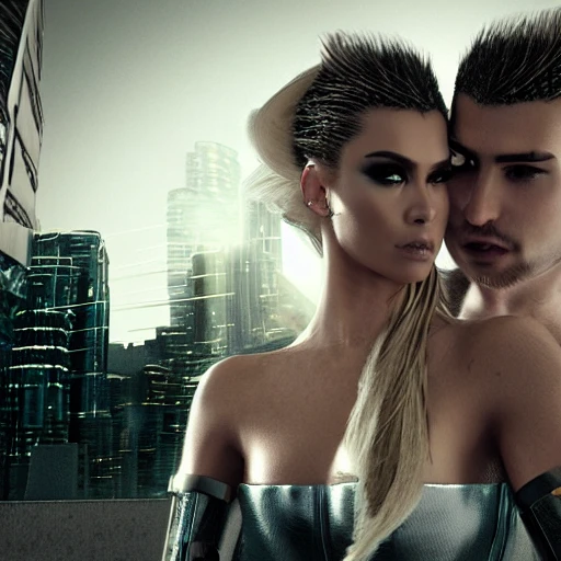 a beautiful highly detailed futuristic, hyper-realistic (Couple, male and female, looking into each others eyes, half shot:1.4), male with shaved head, male with no beard, male athletic upperbody, female: carmen electra, female: long hair, female: wearing kebaya, cyberpunk, 70mm photo, octane render, (centered composition:1.2), 8k, aesthetic