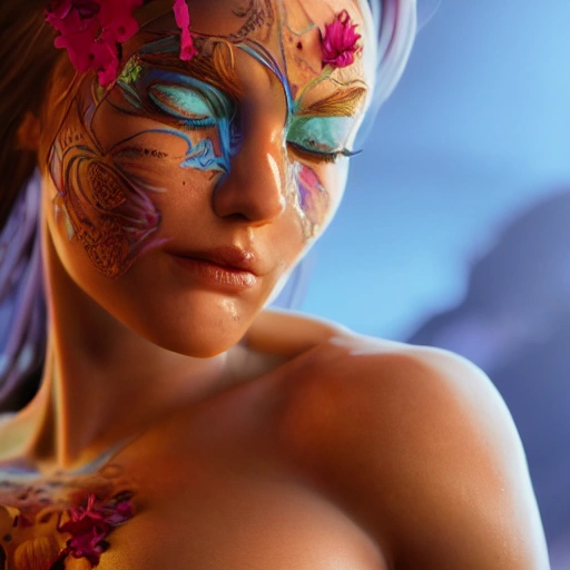 upper-body shot, 1beautiful woman, pretty face, perfect naked breast, colorful flower patterns, detailed blue eyes, extremely detailed, intricate, olumetric lighting, hyper realistic, concept art, awarding winning photography, octane render