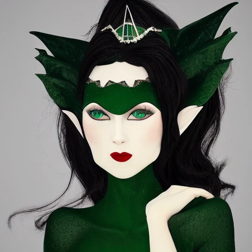 beauty of the night, long black flocks flowing on the shoulders and chest, white silky skin, perfect naked breast, powerful red lips, detailed face, exact proportion, thin nostrils, elf ears, emerald tiara, emerald collier, emerald velvet sleevless dress, 3D