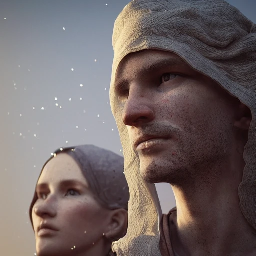 Portrait of man and woman in the middle ages, detailed face, shadow effect, spotlight, background blur, hyperrealistic, photografic, 8k, epic ambient light, octane render,  extremely detailed, intricate,