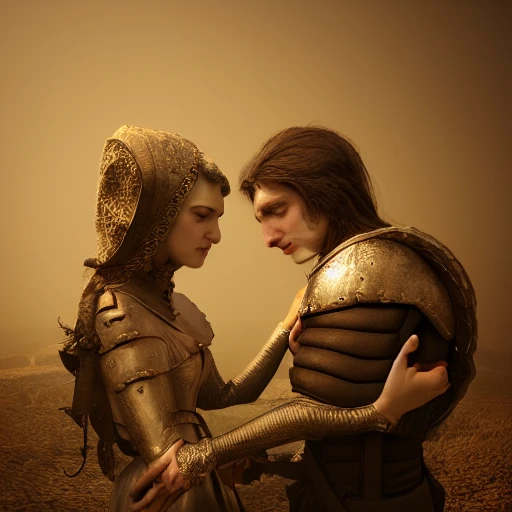 Portrait of man and woman in the middle ages, detailed face, shadow effect, spotlight, background blur, hyperrealistic, photografic, 8k, epic ambient light, octane render,  extremely detailed, intricate,