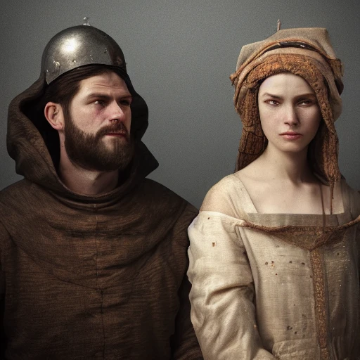 Portrait of man and woman in the middle ages, detailed face, shadow effect, spotlight, background blur, hyperrealistic, photografic, 8k, epic ambient light, octane render,  extremely detailed, intricate,, Oil Painting