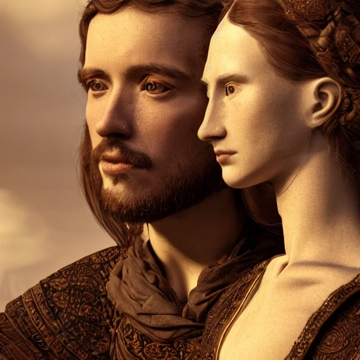 Portrait of man and woman in the middle ages, detailed face, shadow effect, spotlight, background blur, hyperrealistic, photografic, 8k, epic ambient light, octane render, extremely detailed, intricate,  ultra realistic digital art,