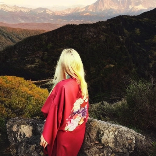 a beautiful blonde girl wearing a kimono, mountains in the back, Trippy