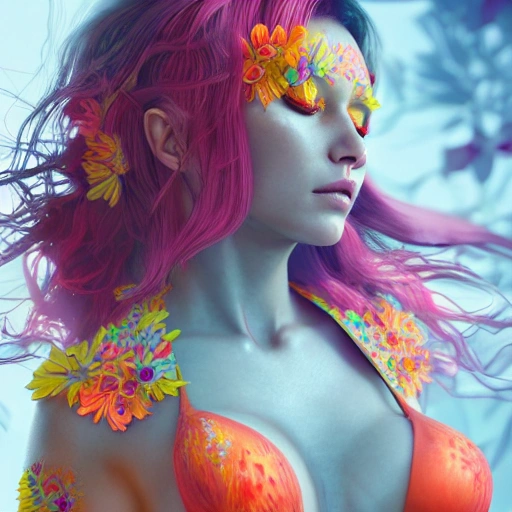 upper-body shot, 1 beautiful woman, pretty face, perfect naked breast, Miriam Gonzalez, colorful flower patterns, detailed blue eyes, extremely detailed, intricate, olumetric lighting, hyper realistic, concept art, awarding winning photography, octane render