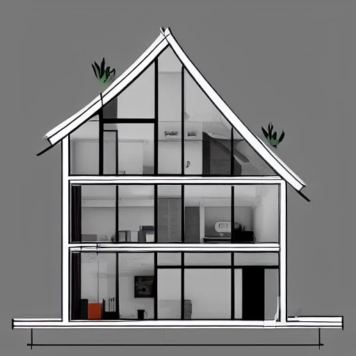 a beautiful flat 2 dimensional illustration of a cross section of a house, view from the side, blueprint, minimalism, featured on dribble, unique architecture, dynamic composition, Pencil Sketch