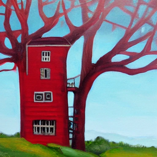 treehouse, red,  Oil Painting