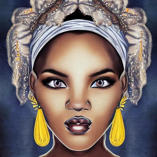 amazing detailed cute Beautiful silver vixen sihouette with headwrap Neutral wall art:Bohemian:5, oil painting, high definition, bright colors in the style of Charlie Bowaterafrican amerian, brown skin, angel baby dark brown curls, realistic big eyes, headshot, portrait center realistic detailed hands, intricate detailed flowing navy blue dress, gold earrings, in style of anna liwanag, lots of details in digital artstation, smooth sharp focus art by artgerm and greg rutkowski and alphonse mucha in style of charlie bowater,smiling , looking off int distance with a smile, confident lookingmute soft beige bokeh background, hyper realistic, intricate detail