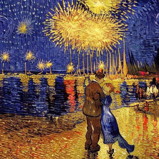 van gogh, ultra-realistic image of New Year 2023, year-end toast between a man and a beautiful woman, background with sparklers, fireworks at the end of the year .Ultra-realistic cinematic lighting, raytracing, intricate, design, artstation,