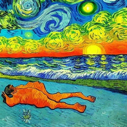 Psychedelic Van Gogh painting, man laying on beach watching the beautiful and gorgeous sunset,  amazing soft clouds in the sky, beautiful aqua ocean