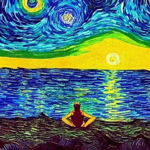 Psychedelic Van Gogh painting, man laying on beach watching the beautiful and gorgeous sunset,  amazing soft clouds in the sky, beautiful aqua ocean