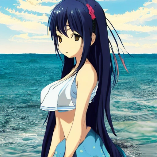 Wallpaper girl, sexy, thighhighs, long hair, dress, sea, anime, water for  mobile and desktop, section сэйнэн, resolution 5316x3756 - download
