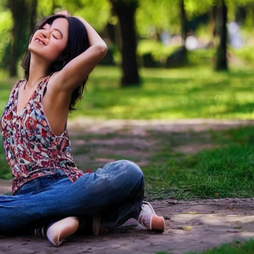 a beautiful woman in park, bathing the sunshine