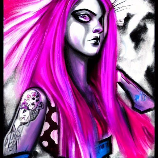 arcane style girl, crazy manic, pink magenta hair, detailed , face from the front view, painted style 